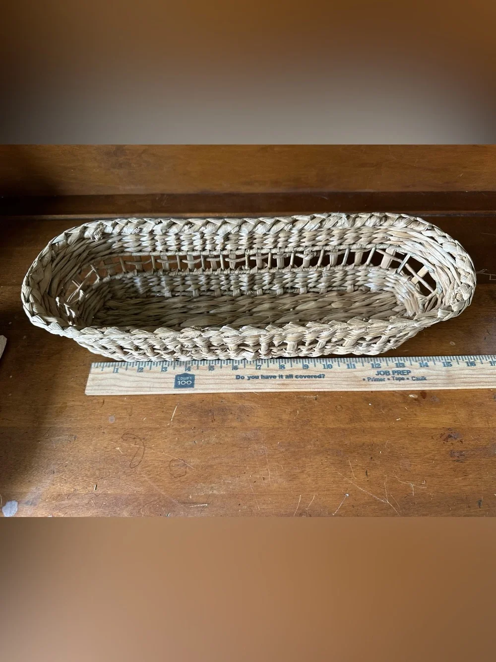 Vintage Handwoven Natural Fiber Bread Basket Long Oval Open Weave Rustic 16”